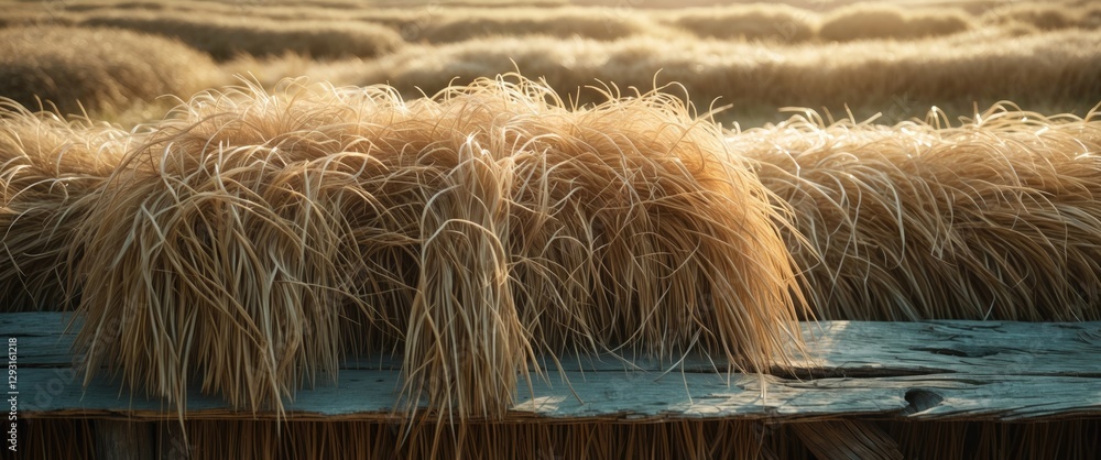 Poster thatch made of dried grass on a wooden structure with a soft-focused background of grass fields at s