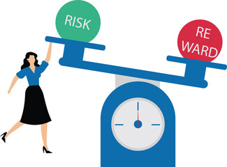 Risk vs reward balance on the seesaw scale, businesswoman lifts up risk higher than reward words, improving reward and risk ratio in business, reward greater than risk
