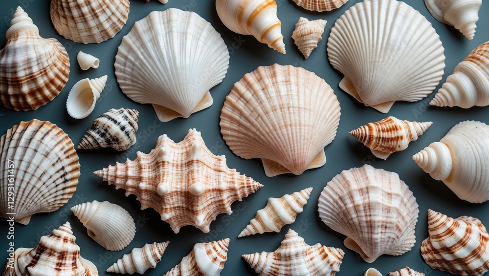 Poster seashells arrangement on dark background with space for text and creative design elements
