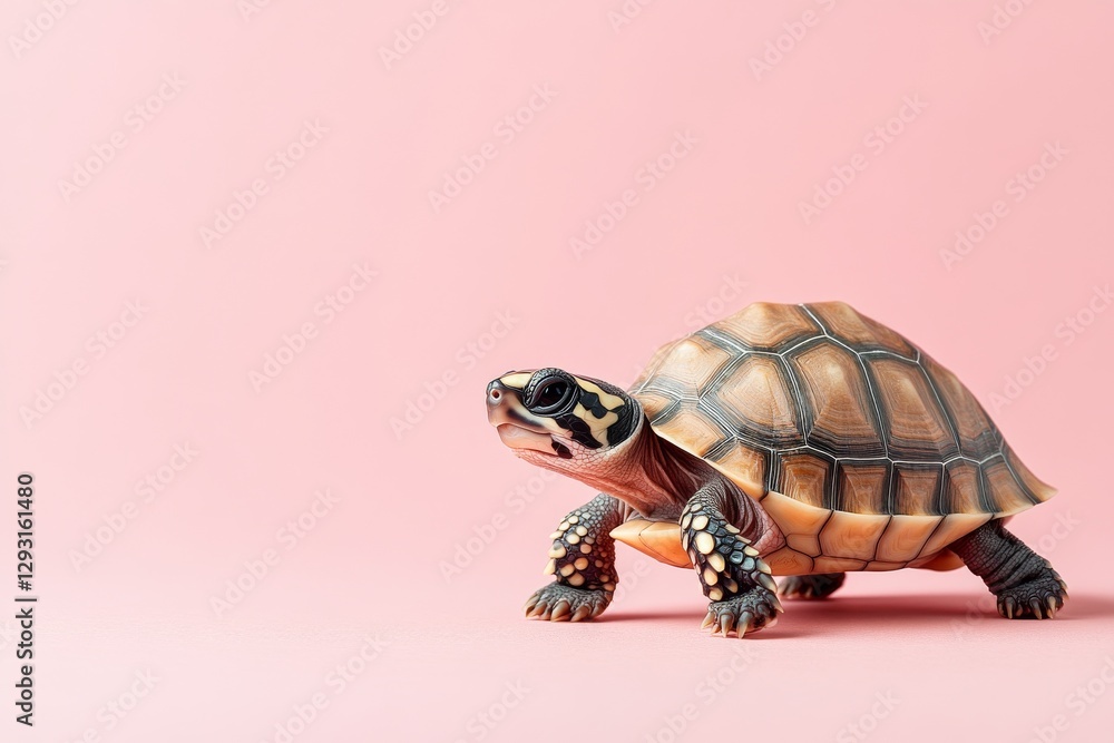 Poster turtle walks across a soft pink background showcasing its intricate shell patterns and charming feat