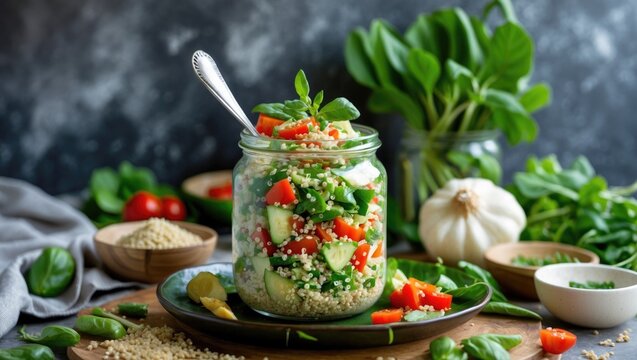 Vibrant quinoa salad in a glass jar with fresh vegetables set against a rustic backdrop, ideal for healthy eating and meal prep concepts.