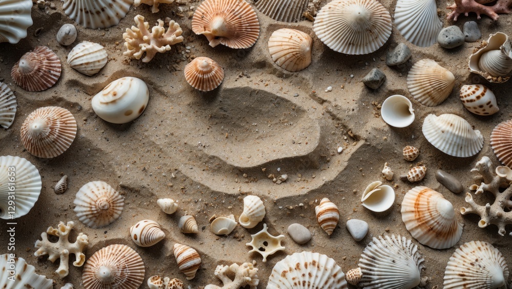 Poster seashells and coral fragments arranged on sandy surface creating a coastal natural texture backgroun