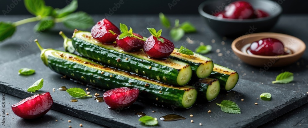 Poster seared cucumbers topped with plum slices on slate board surrounded by fresh herbs and empty space fo