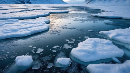 Frozen water textures with snow and smooth surfaces in Vatnajokull National Park during winter showcasing serene natural beauty.