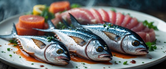 Freshly prepared tuna fish on a plate with garnishes, featuring whole fish and sliced sashimi ready for grilling or culinary presentation.