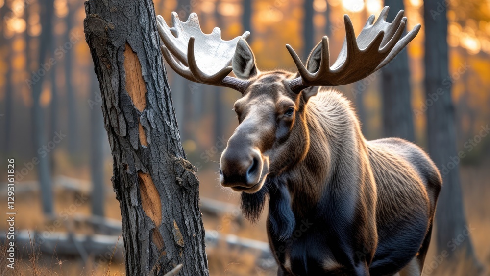 Poster majestic moose standing beside a tree in a serene forest setting with warm autumn colors and soft su