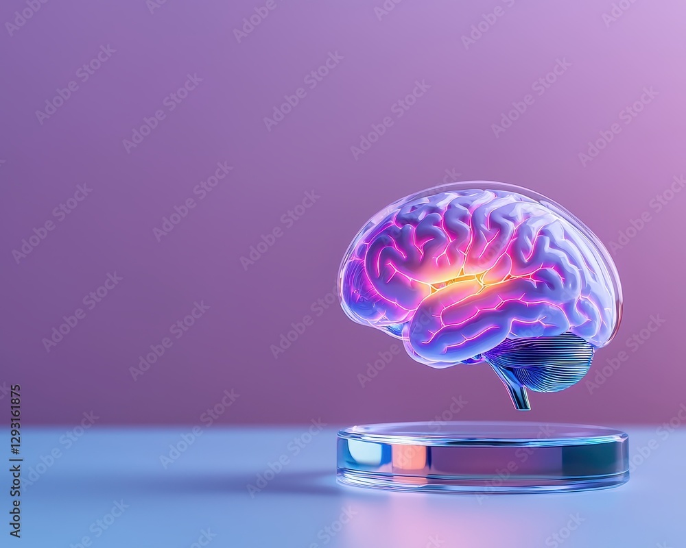 Poster a vibrant, illuminated model of a brain demonstrating neural connections.