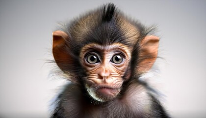 StudioBound Baby Monkey with Spiky Hair Cute and Playful, Captured in a Neutral Backdrop with Warm Studio Lighting, Evoking Joy and Wonder.