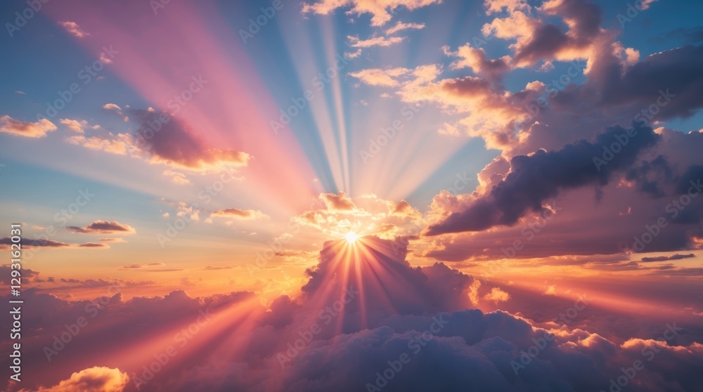 Poster dramatic sunset with sun rays piercing through colorful clouds creating a vibrant sky texture and in