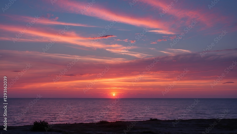 Poster twilight colors reflecting on ocean waves during sunset with ample space for text overlays and capti