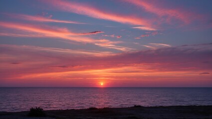 Obraz premium Twilight colors reflecting on ocean waves during sunset with ample space for text overlays and captions in beautiful pastel hues.