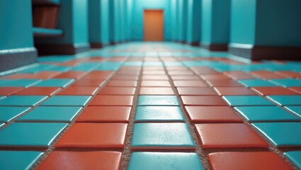 Naklejka premium Colorful rectangular tile floor design creating a vibrant and neat atmosphere in a stylish corridor setting.