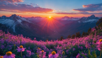 Majestic Sunset Over Mountain Range Surrounded By Vibrant Wildflowers Creating A Serene Spring Landscape In The Arnica Valley.