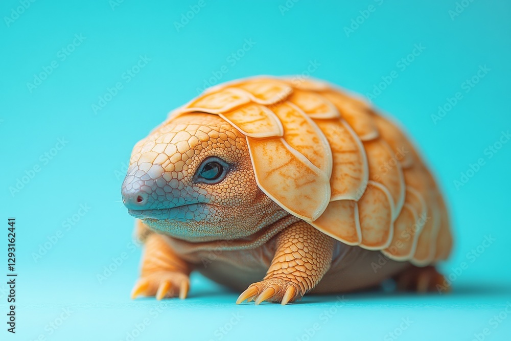 Poster unique tortoise with bright orange shell on a vibrant turquoise background in a calm indoor setting