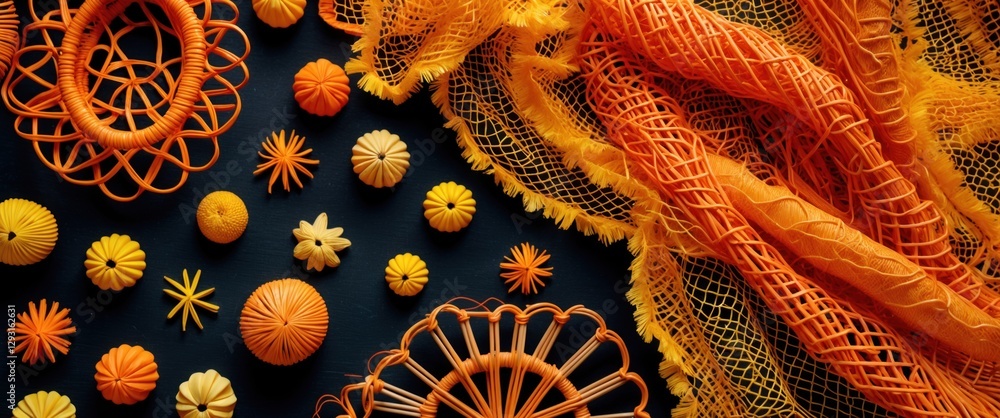 Poster close-up of vibrant orange wickerwork and yellow netting on a dark background showcasing intricate t