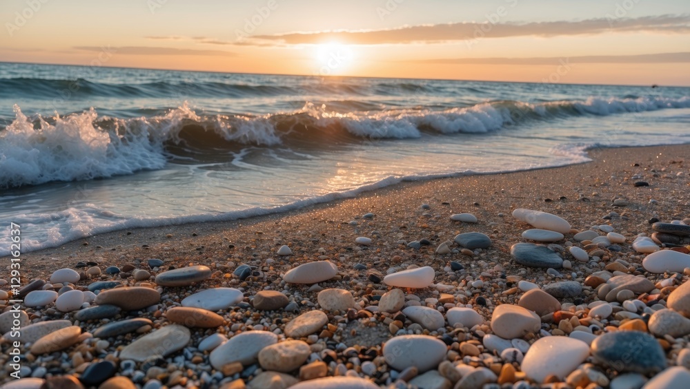Poster serene beach scene with gentle waves at sunset and colorful pebbles creating a tranquil atmosphere f