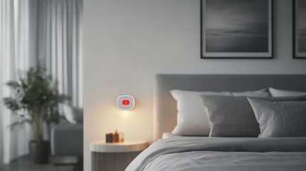 Carbon monoxide sensor in a modern bedroom with neutral tones. Featuring vigilance and protection