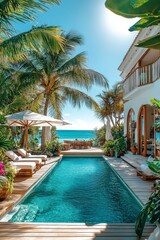 Fototapeta premium Luxury beach resort with white poolside loungers, umbrellas, palm trees, and bright blue water, surrounded by plants and flowers, near a wooden platform and beach house.
