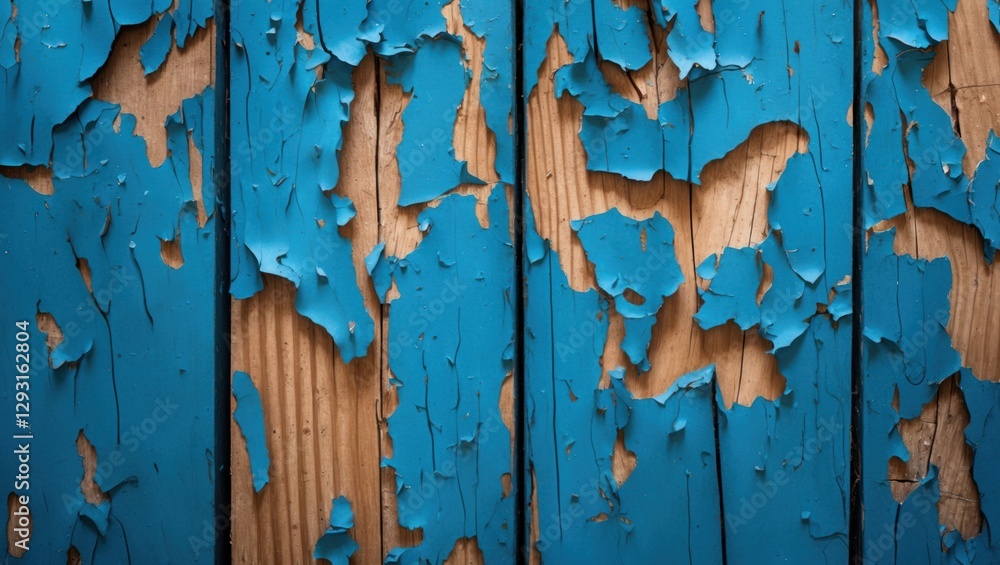 Poster worn blue paint peeling from wooden planks creating a rustic textured background for design and arti