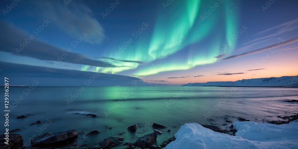 Aufkleber seascape at dusk illuminated by aurora borealis with soft focus and copy space for text ideal for na