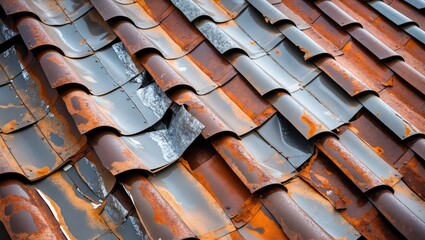 weathered rusty zinc roof tiles with broken sections and peeling paint in a close-up view