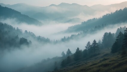 Misty Mountain Landscape with Fog and Trees in Serene Nature Setting at Dawn