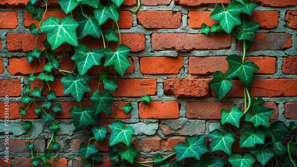 Poster textured red brick wall adorned with vibrant virginia creeper and green ivy, creating a natural and 