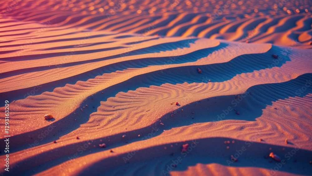 Poster vibrant sand ripples at sunset showcasing intricate patterns and soft hues in a serene desert landsc