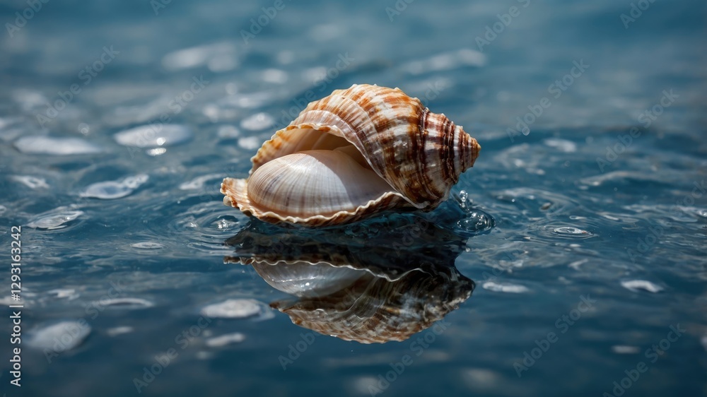 Poster seashell floating on calm water surface with subtle ripples and reflection in sunlight natural beach