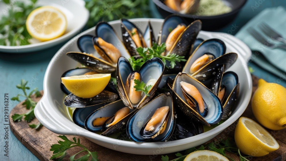 Poster Delicious Mussels Served with Fresh Lemon Garnish on a Rustic Table Ready for Enjoyment with Space for Custom Text