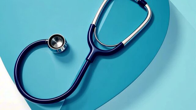 In the center, on a blue heart, there is a dark blue statoscope on a white blue background. The concept of medicine, therapy, health, preventive examination.