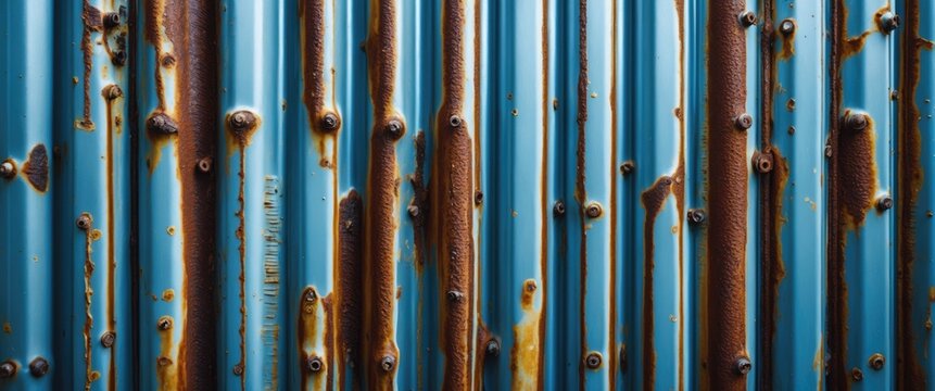 Weathered blue corrugated metal sheet with rust patterns and texture suitable for industrial or vintage design themes.