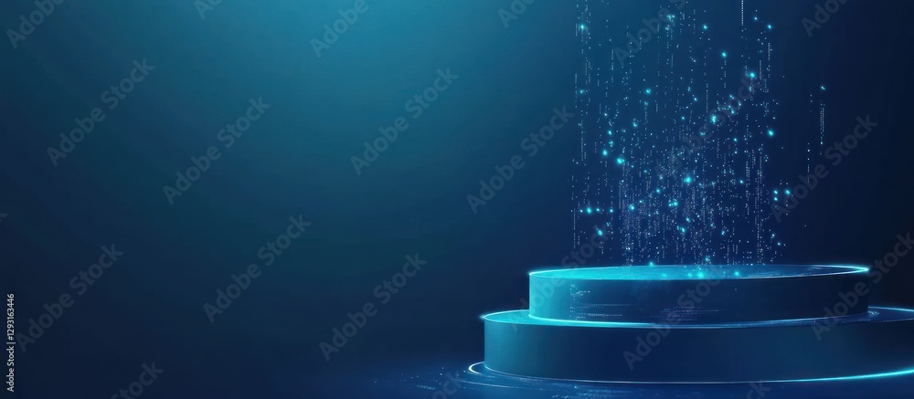 Poster abstract blue digital background with podium and glowing particles