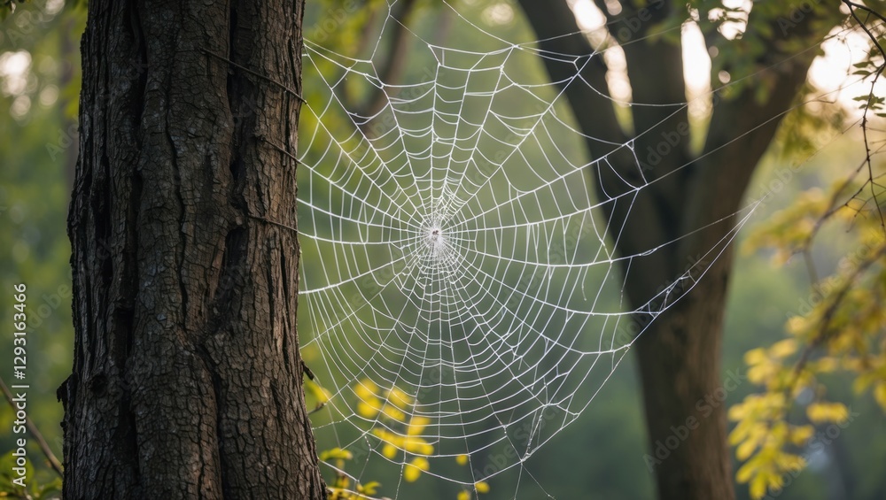Aufkleber intricate spider web glistening in sunlight against a tree trunk in a tranquil forest setting showca