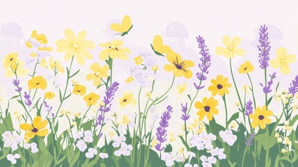 A Whimsical Meadow of Yellow and Purple Flowers: A Vibrant Floral Design for Your Home