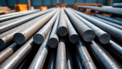 Steel round bars stacked for construction with shallow depth of field showcasing textures and reflections in industrial setting.