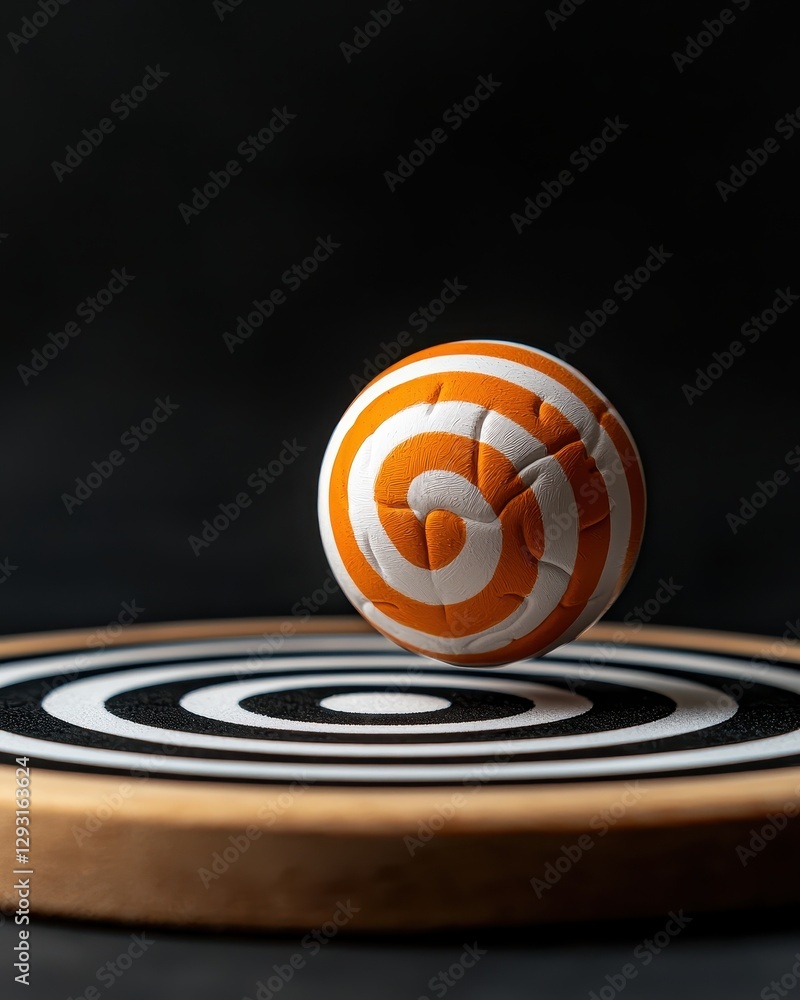 Poster a vibrant spiral-patterned ball hovering above a circular target on a dark background.
