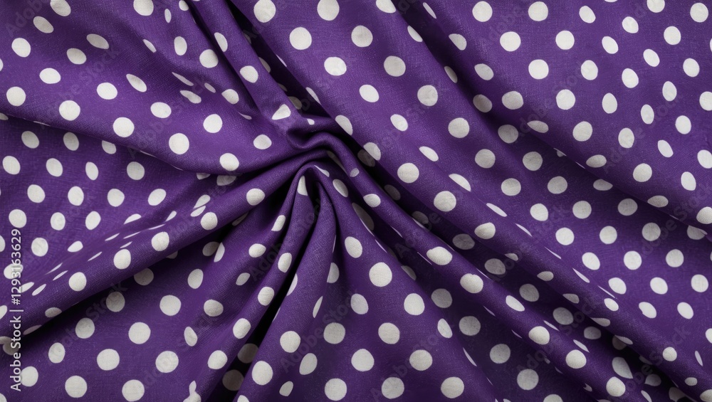 Poster purple polka dot fabric texture with white dots viewed from above showcasing fabric draping and patt