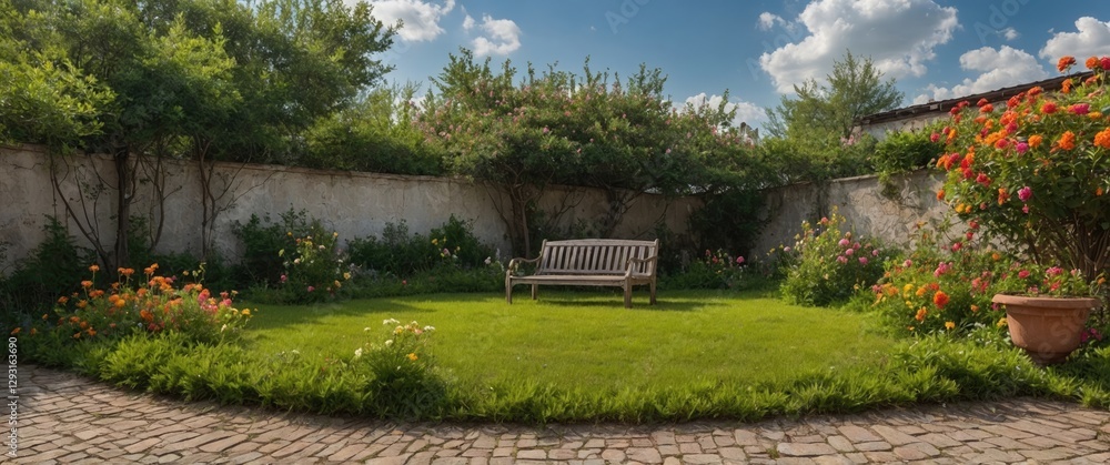 Poster serene rustic courtyard with colorful flowers under blue sky featuring empty space for text and rela