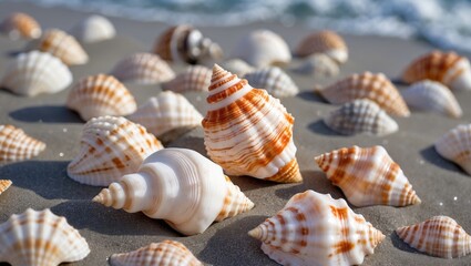 Obraz premium Beautifully Arranged Seashells on a Sandy Beach Shoreline with Gentle Waves in the Background Displaying Nature's Marine Treasures