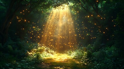 Obraz premium Magical forest path, sunbeams, fireflies, fantasy background, game design