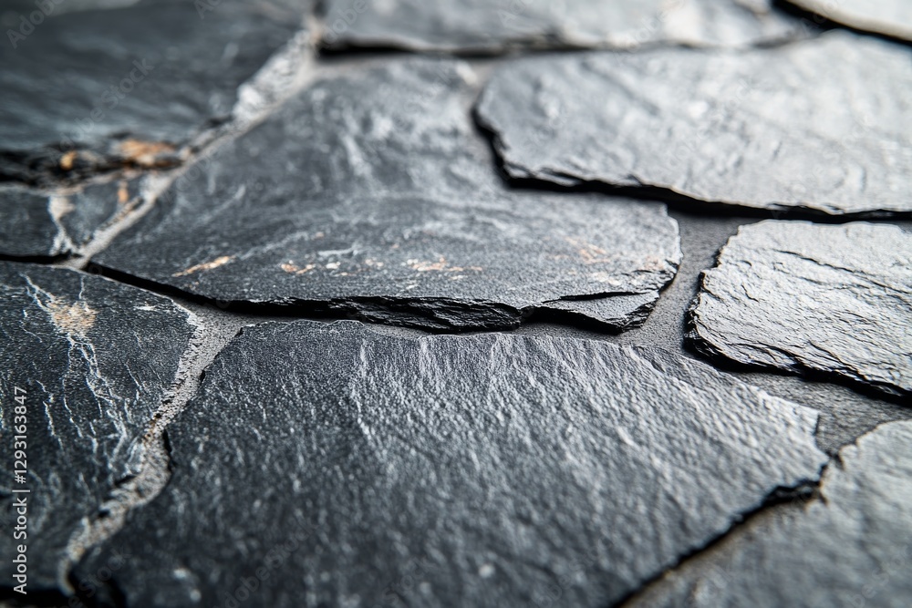 Poster close-up view of textured black slate tiles arranged in a decorative pattern indoors