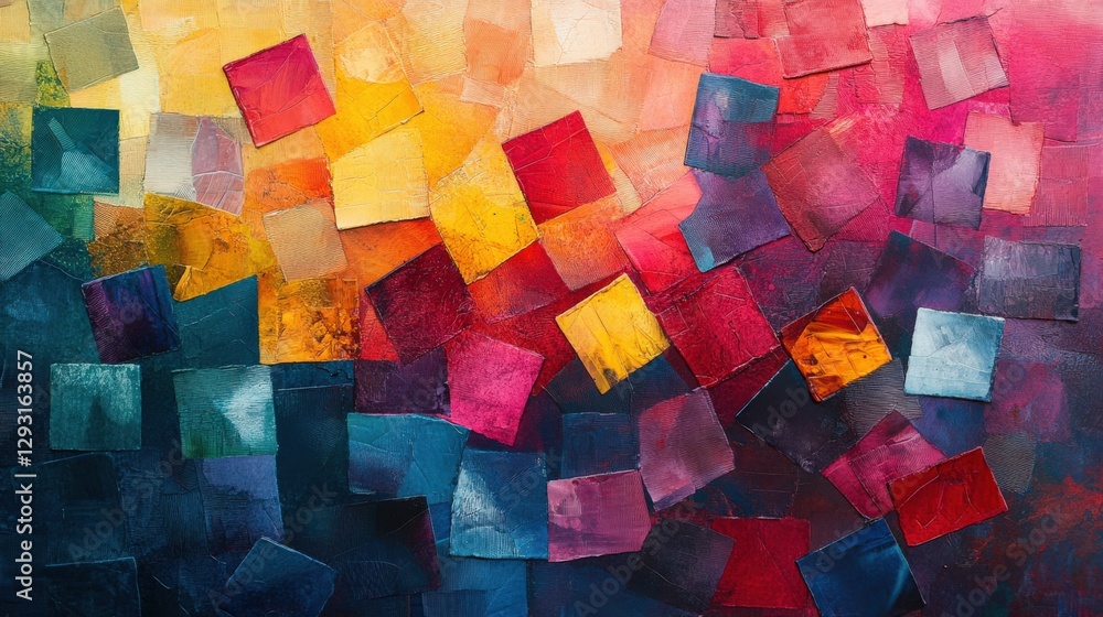 Poster vibrant abstract artwork featuring colorful geometric shapes in varying sizes and shades, creating a