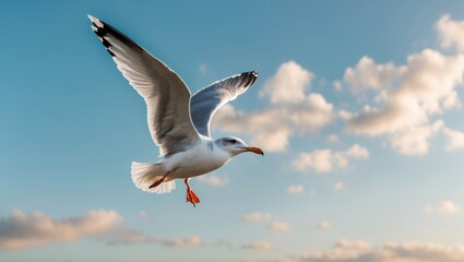 Obraz premium Seagull soaring gracefully against a bright blue sky with fluffy clouds creating a serene coastal atmosphere.