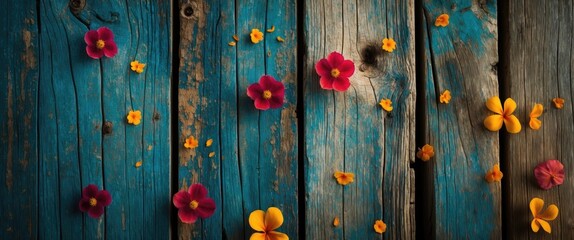 Vibrant flowers scattered on rustic blue wooden planks creating a colorful natural background for design and decorative purposes