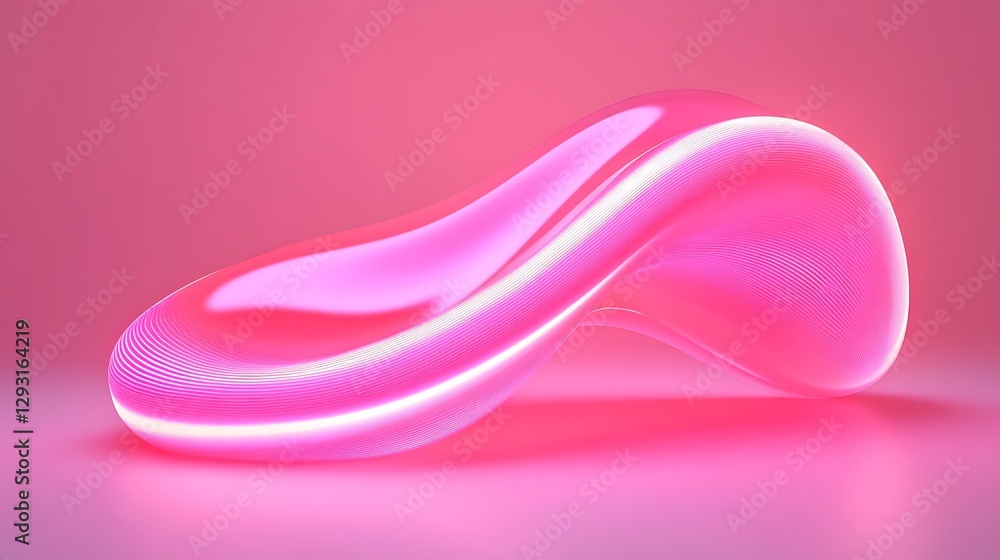 Poster abstract pink wavy shape with smooth surface illuminated by soft neon lights on a pastel background