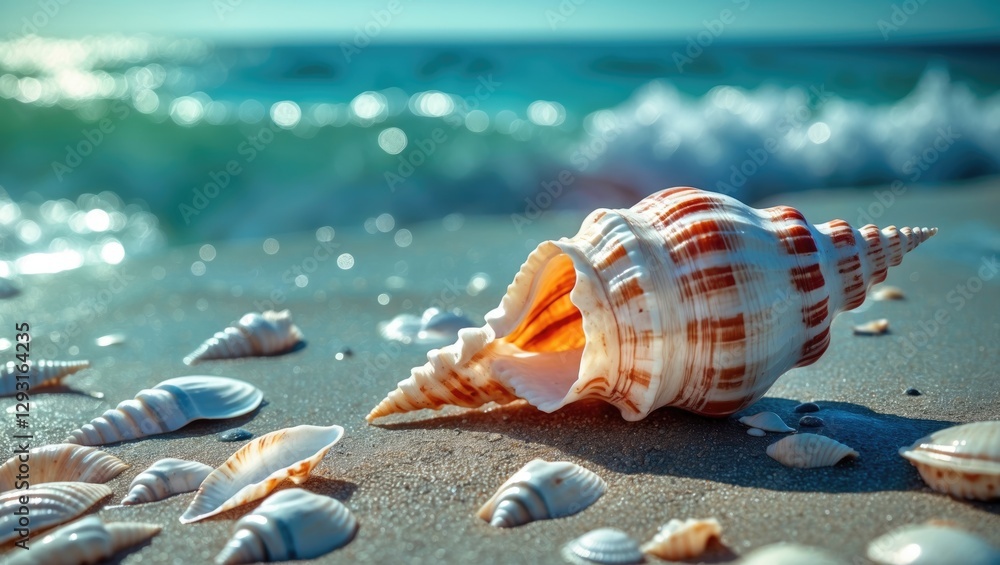 Poster vibrant seashells scattered on sandy beach with gentle waves in the background and ample space for t