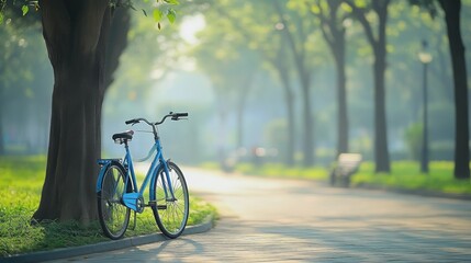 Naklejka premium A bicycle rests by a tree, symbolizing simplicity and connection with nature.