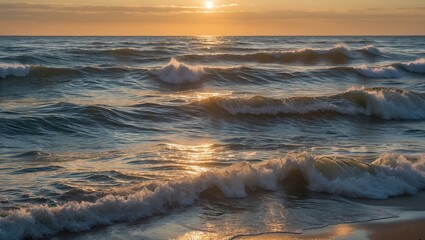 Naklejka premium Serene sunset over gentle sea waves reflecting golden light creating a tranquil coastal atmosphere.