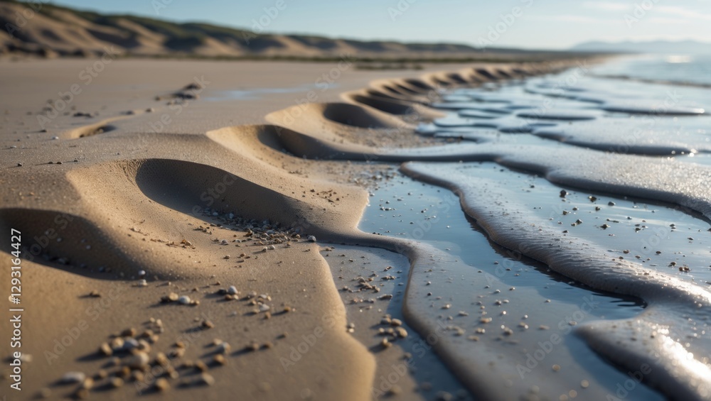 Poster sand dunes and tidal patterns at low tide showcasing wet sand and flowing water, with intricate text